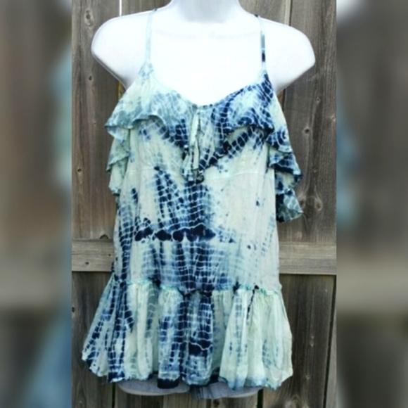 Free People Tops - Vintage Free People Boho Tank Top Blue Tie Dye with Ruffle Tiny Metel Ball Studs